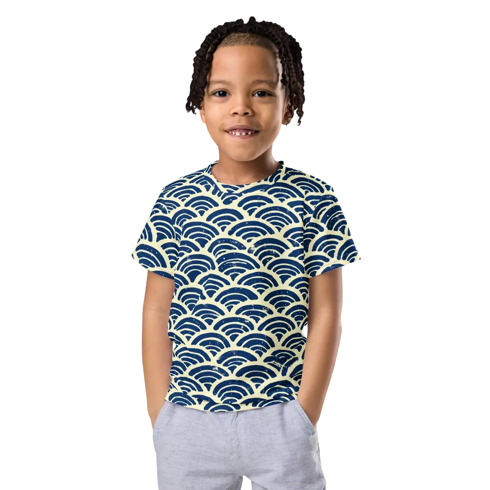 Navy Wave Field on Kids Crew Neck T-Shirt — Front