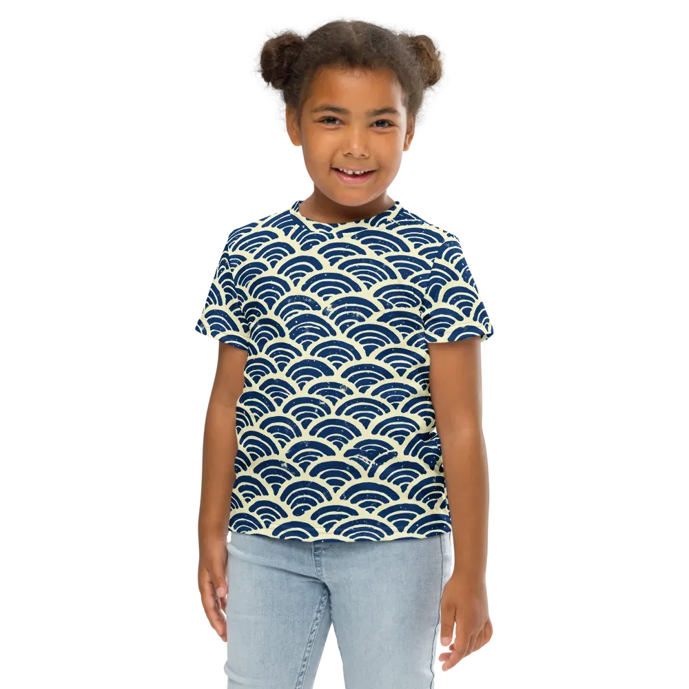 Navy Wave Field on Kids Crew Neck T-Shirt — Front