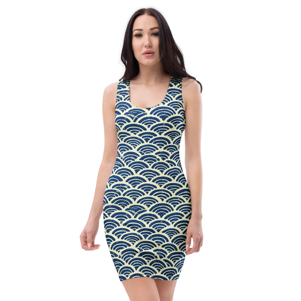 Navy Wave Field on Bodycon Dress — Front