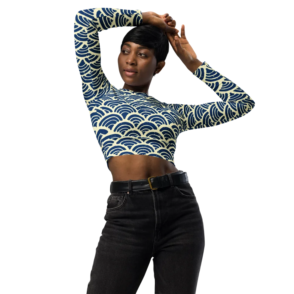 Navy Wave Field on Long Sleeve Crop Top — Front
