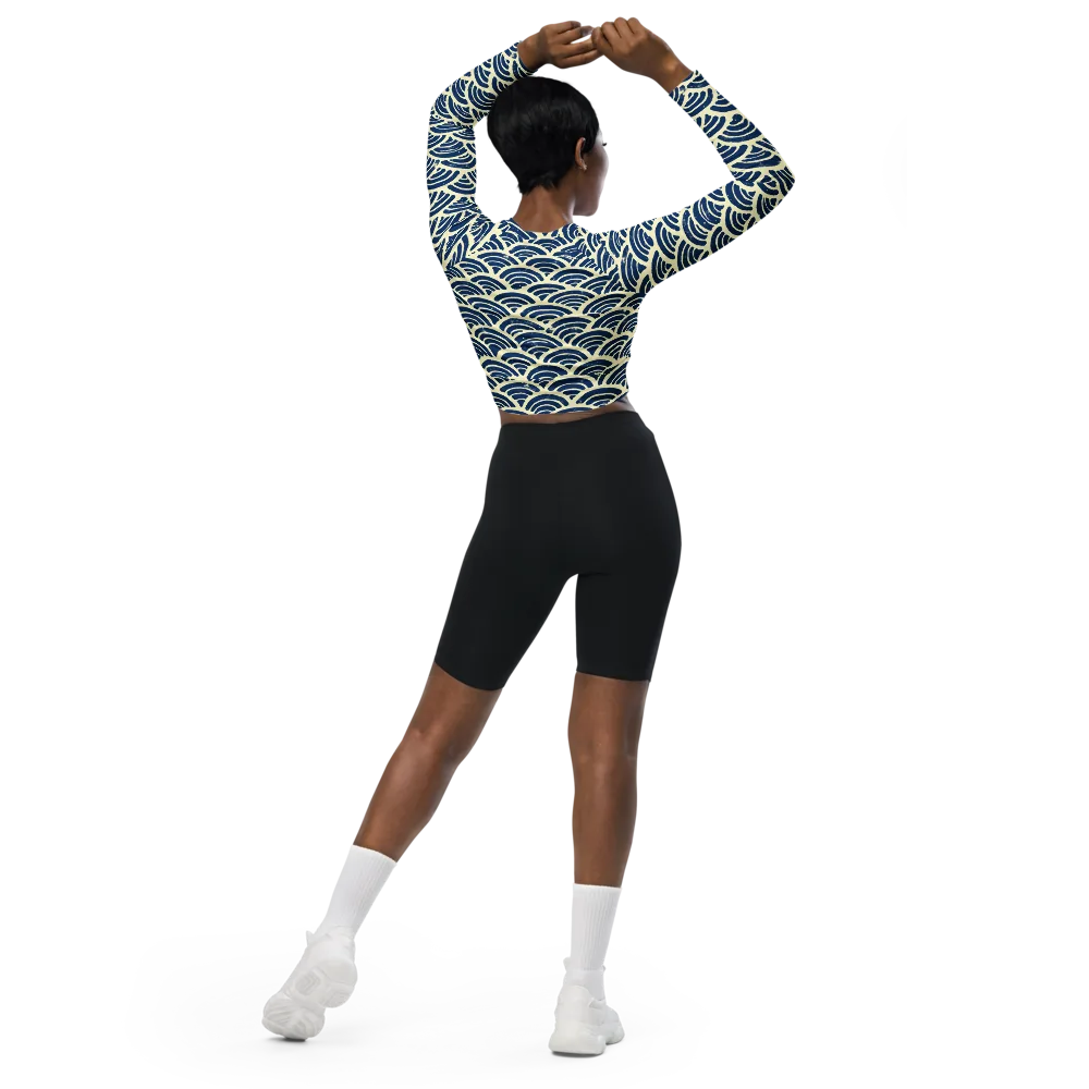 Navy Wave Field on Long Sleeve Crop Top — Back