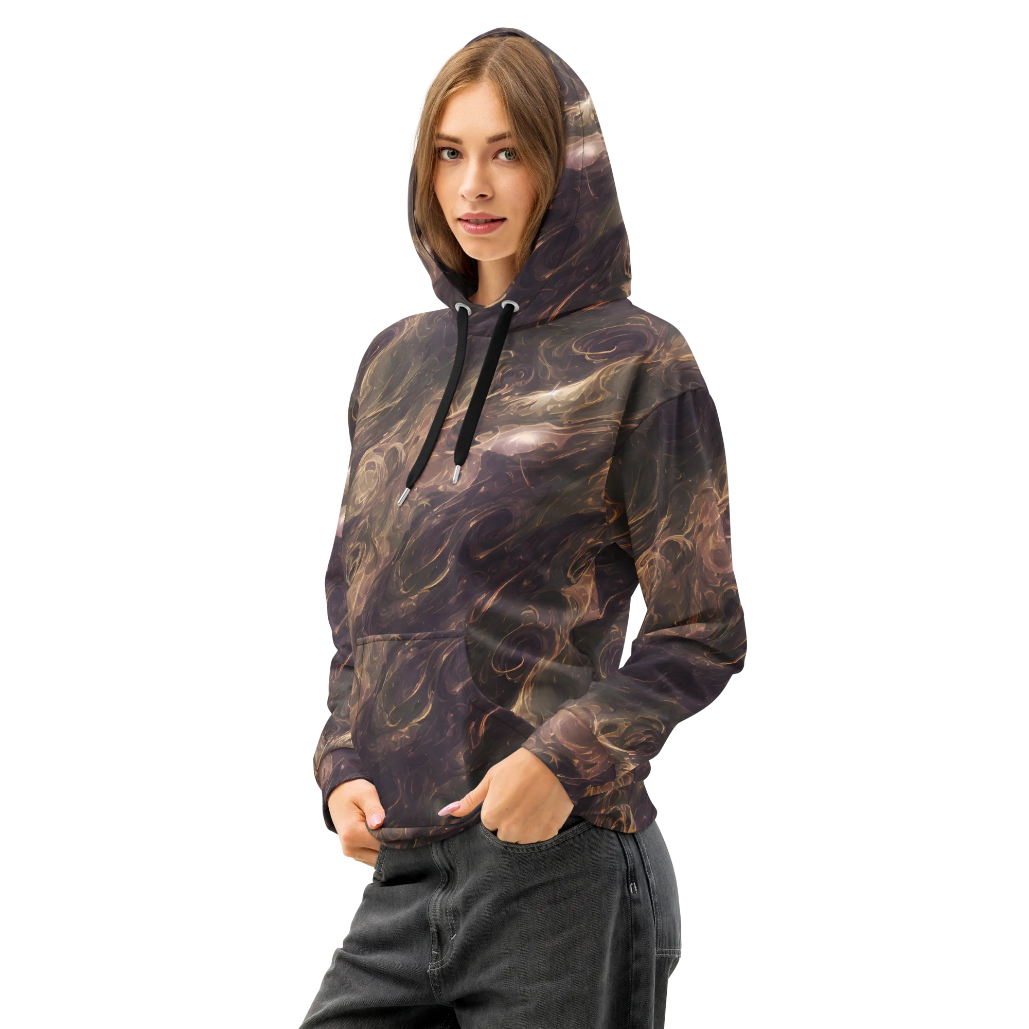 Bronze Vortex on Cotton Hoodie — Left Front