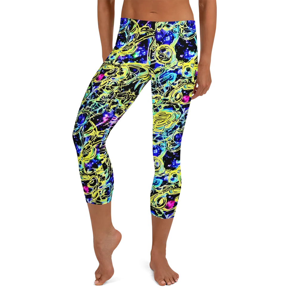 Neon Galaxy Ribbons on Capri Leggings — Front
