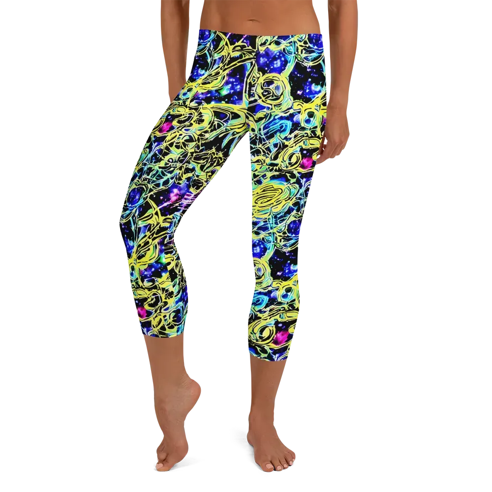 Neon Galaxy Ribbons on Capri Leggings — Front
