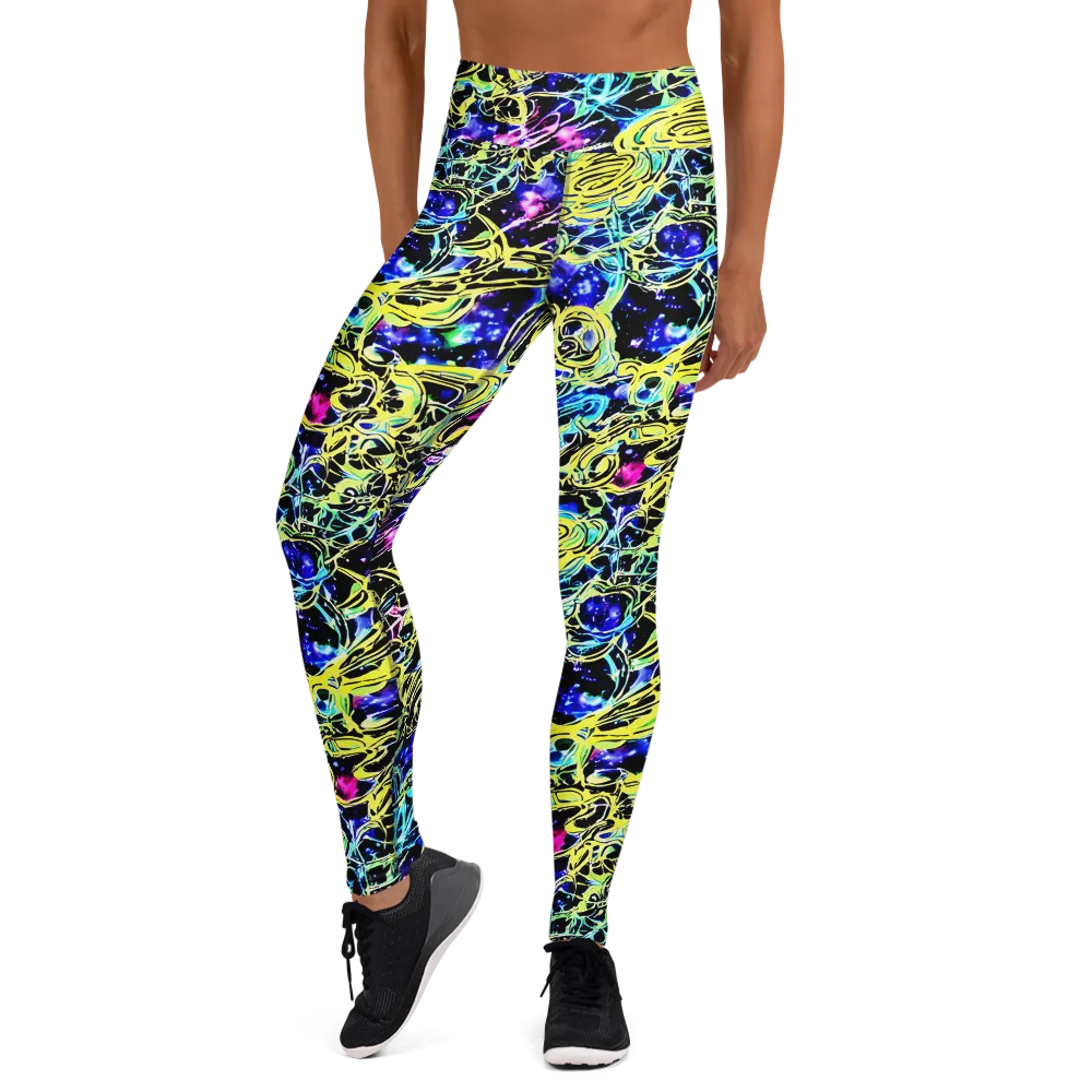 Neon Galaxy Ribbons on Yoga Leggings — Front