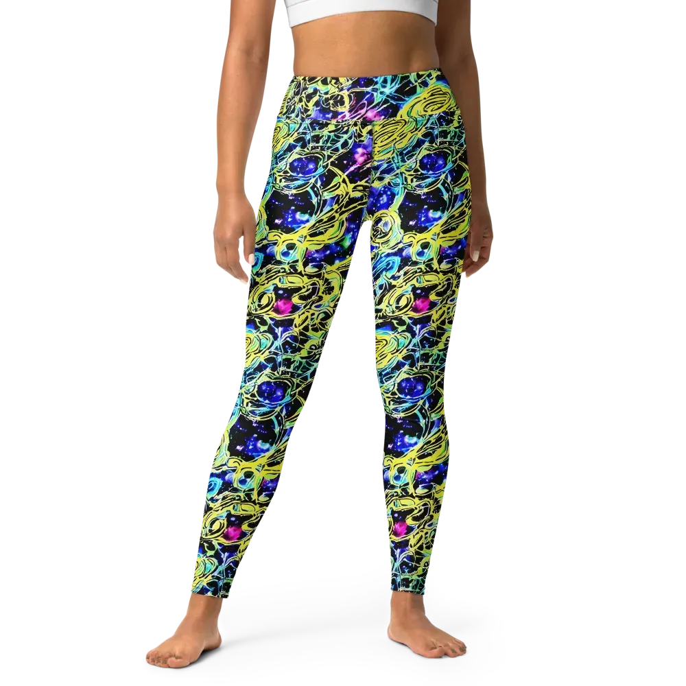 Neon Galaxy Ribbons on Yoga Leggings — Front
