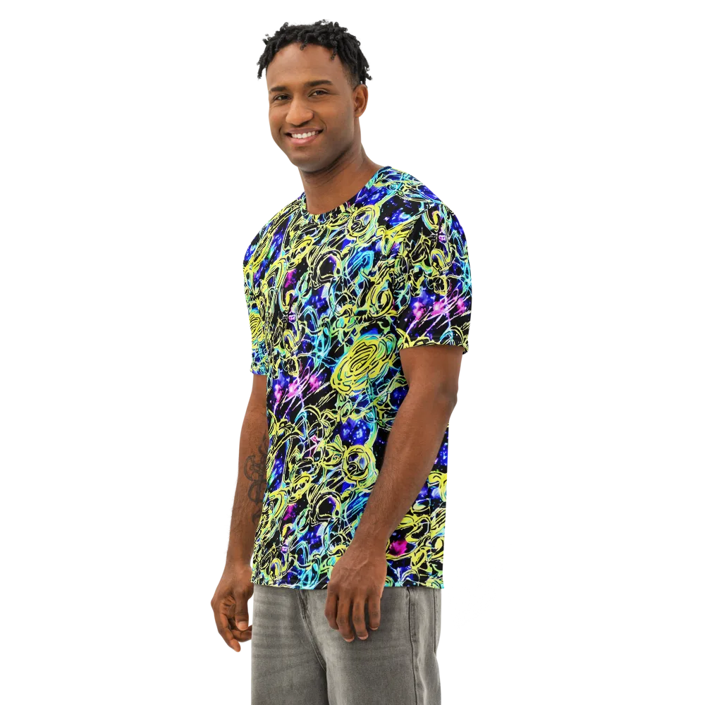 Neon Galaxy Ribbons on Men's Cotton Crew Neck T-Shirt — Left Front