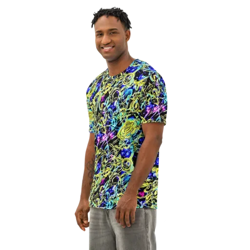 Neon Galaxy Ribbons on a Men's Cotton Crew Neck T-Shirt