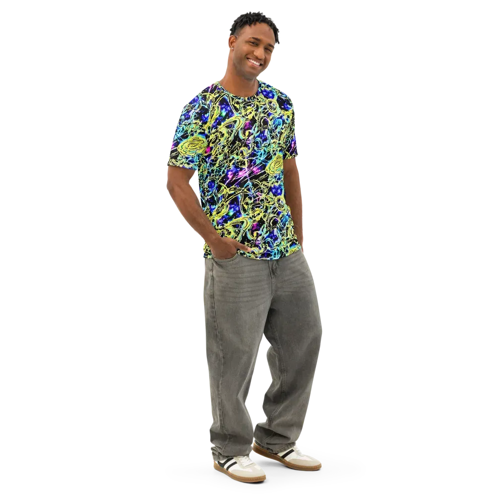 Neon Galaxy Ribbons on Men's Cotton Crew Neck T-Shirt — Right Front