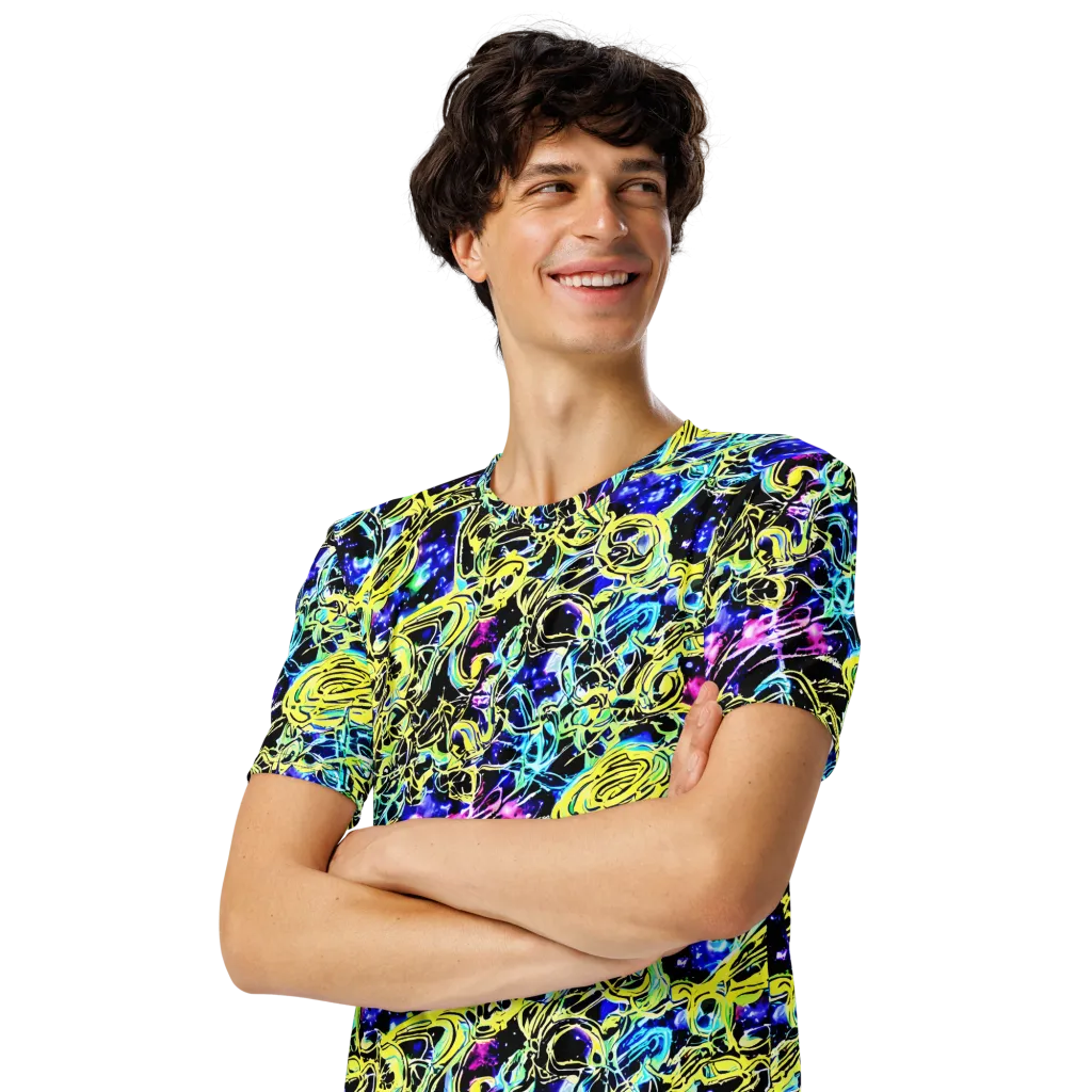 Neon Galaxy Ribbons on Men's Crew Neck T-Shirt — Left Front
