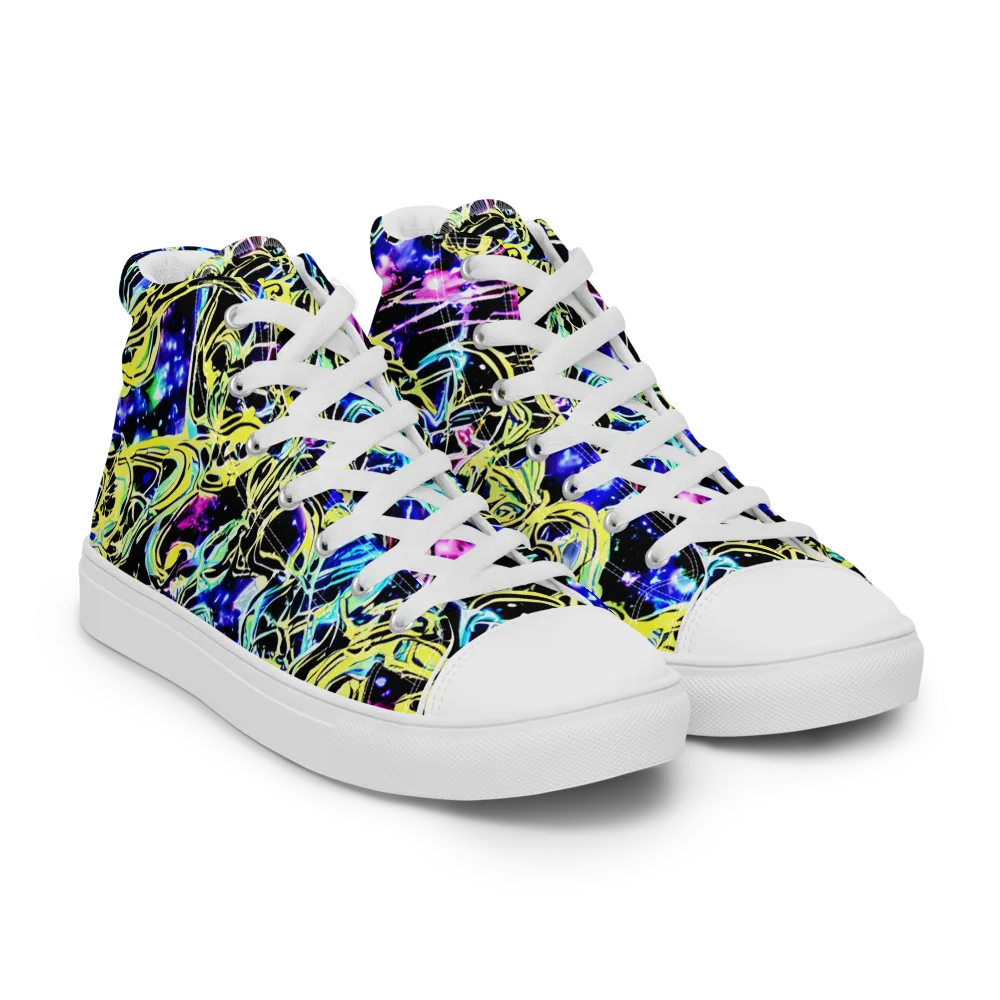 Neon Galaxy Ribbons on Men's High Top Canvas Shoes — Right Front
