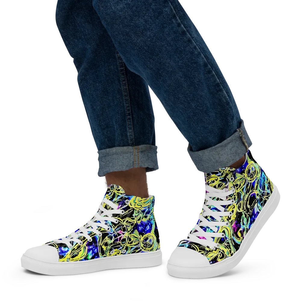 Neon Galaxy Ribbons on Men's High Top Canvas Shoes — Left