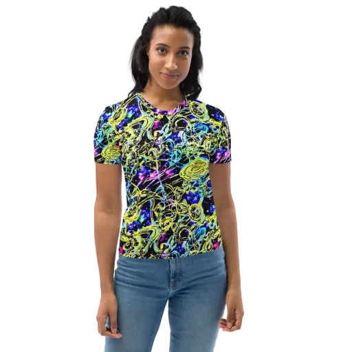 Neon Galaxy Ribbons on a Women's Crew Neck T-Shirt