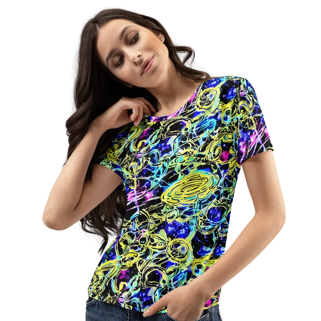 Neon Galaxy Ribbons on Women's Crew Neck T-Shirt — Left Front