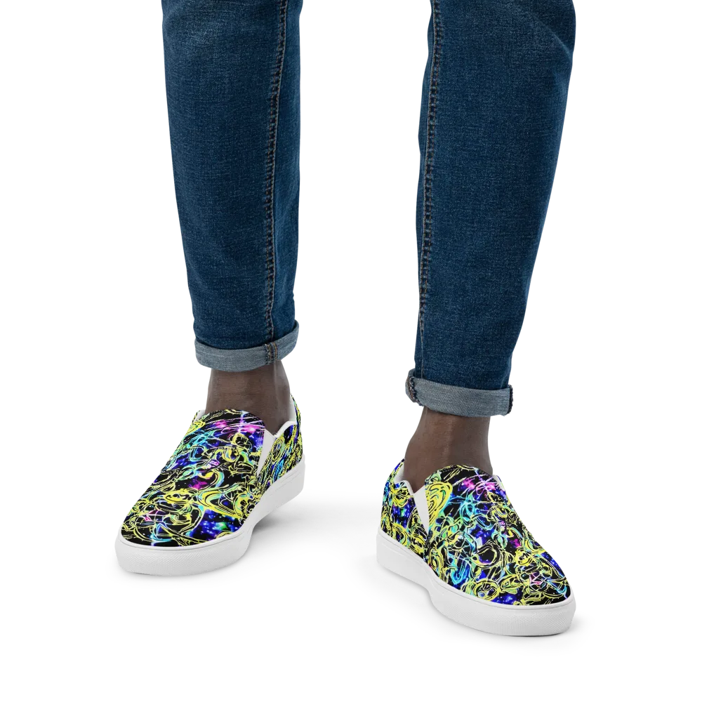 Neon Galaxy Ribbons on Men's Slip-On Canvas Shoes — Front