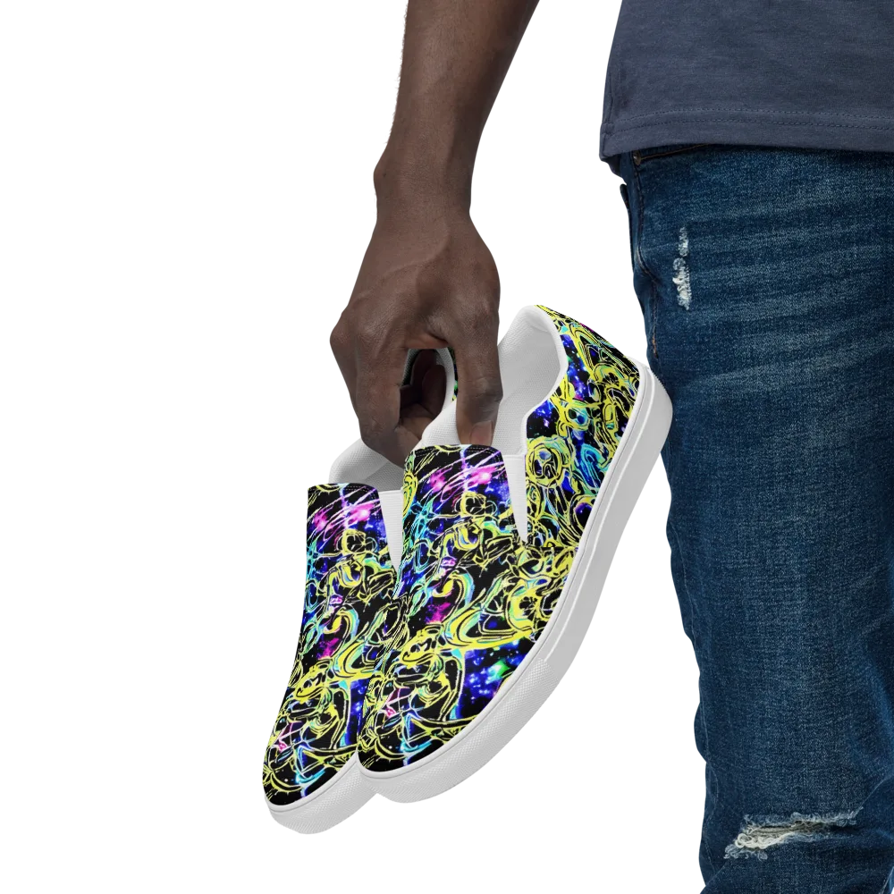 Neon Galaxy Ribbons on Men's Slip-On Canvas Shoes — Left Front