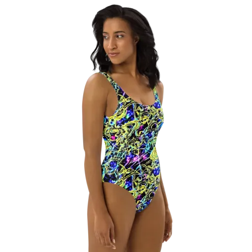 Neon Galaxy Ribbons on a One-Piece Swimsuit