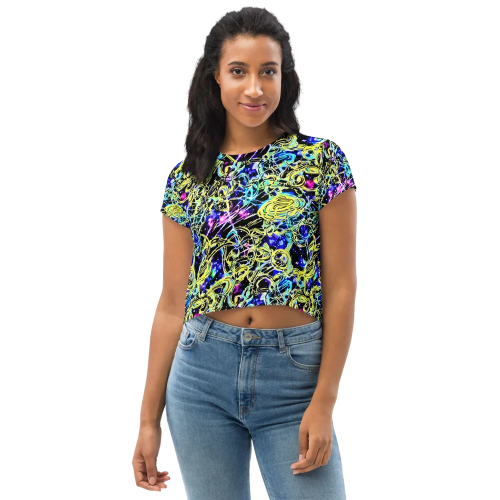 Neon Galaxy Ribbons on Crop Tee — Front