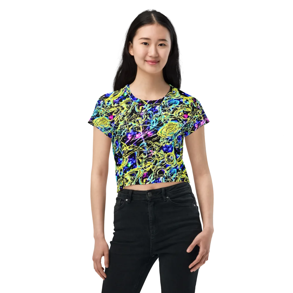Neon Galaxy Ribbons on Crop Tee — Front