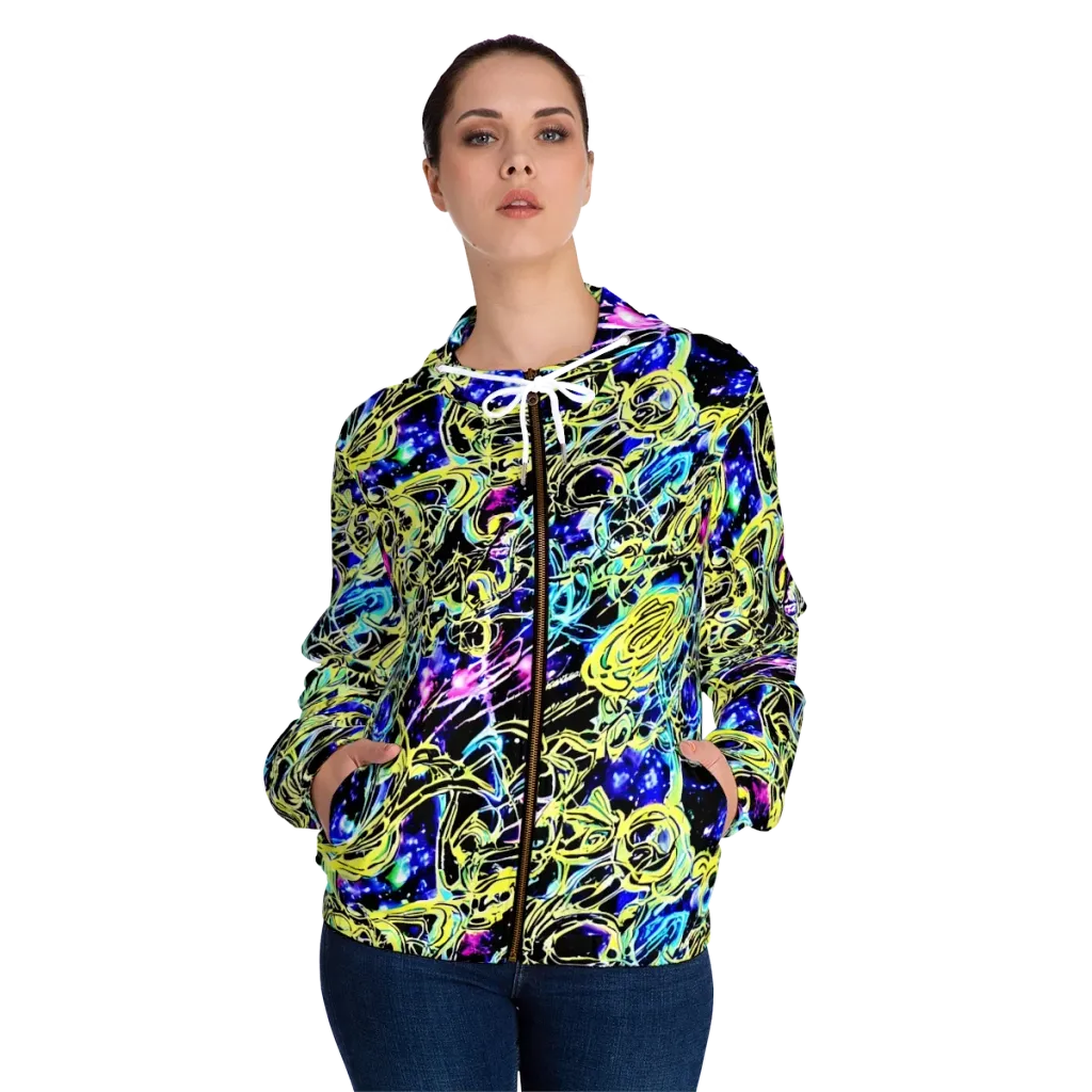 Neon Galaxy Ribbons on Women's Full-Zip Hoodie — Front On Person