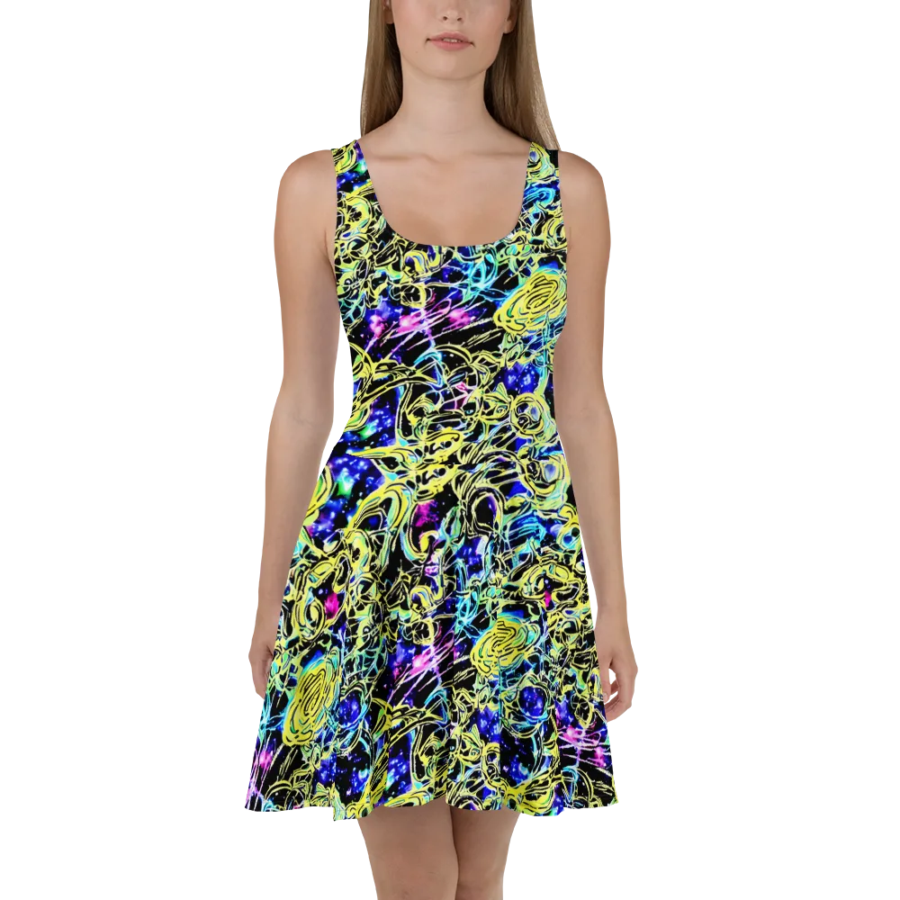Neon Galaxy Ribbons on Skater Dress — Front