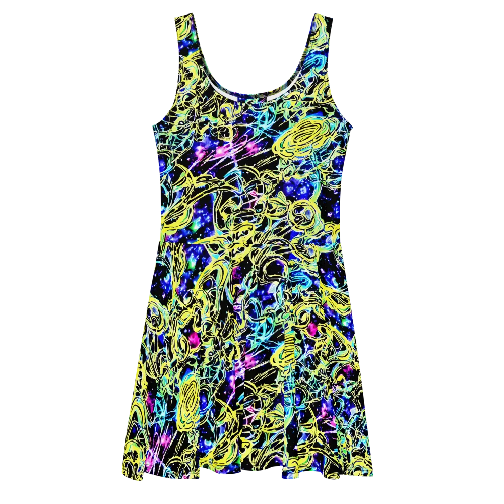 Neon Galaxy Ribbons on Skater Dress — Front
