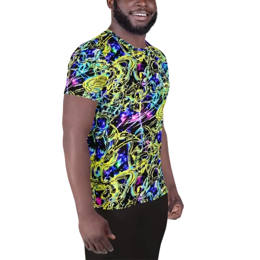 Neon Galaxy Ribbons on a Men's Athletic T-Shirt
