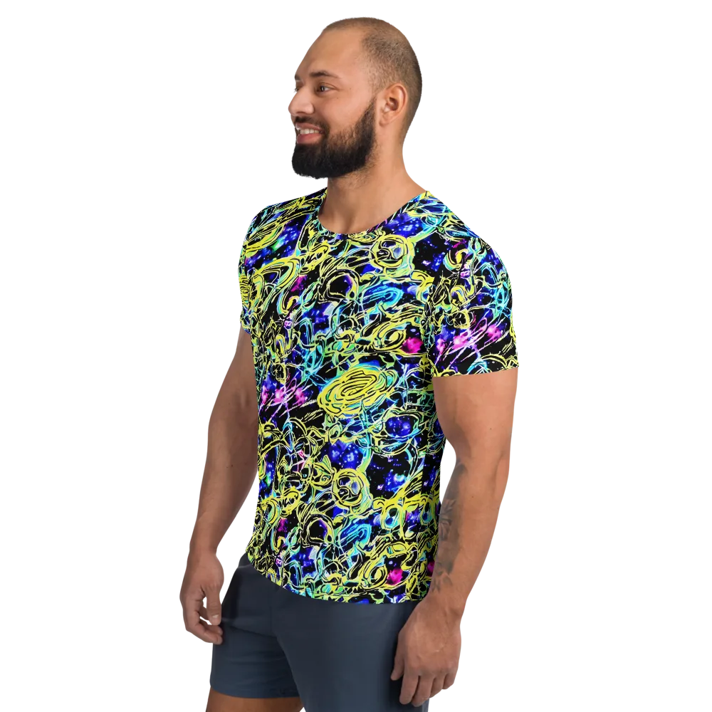 Neon Galaxy Ribbons on Men's Athletic T-Shirt — Left