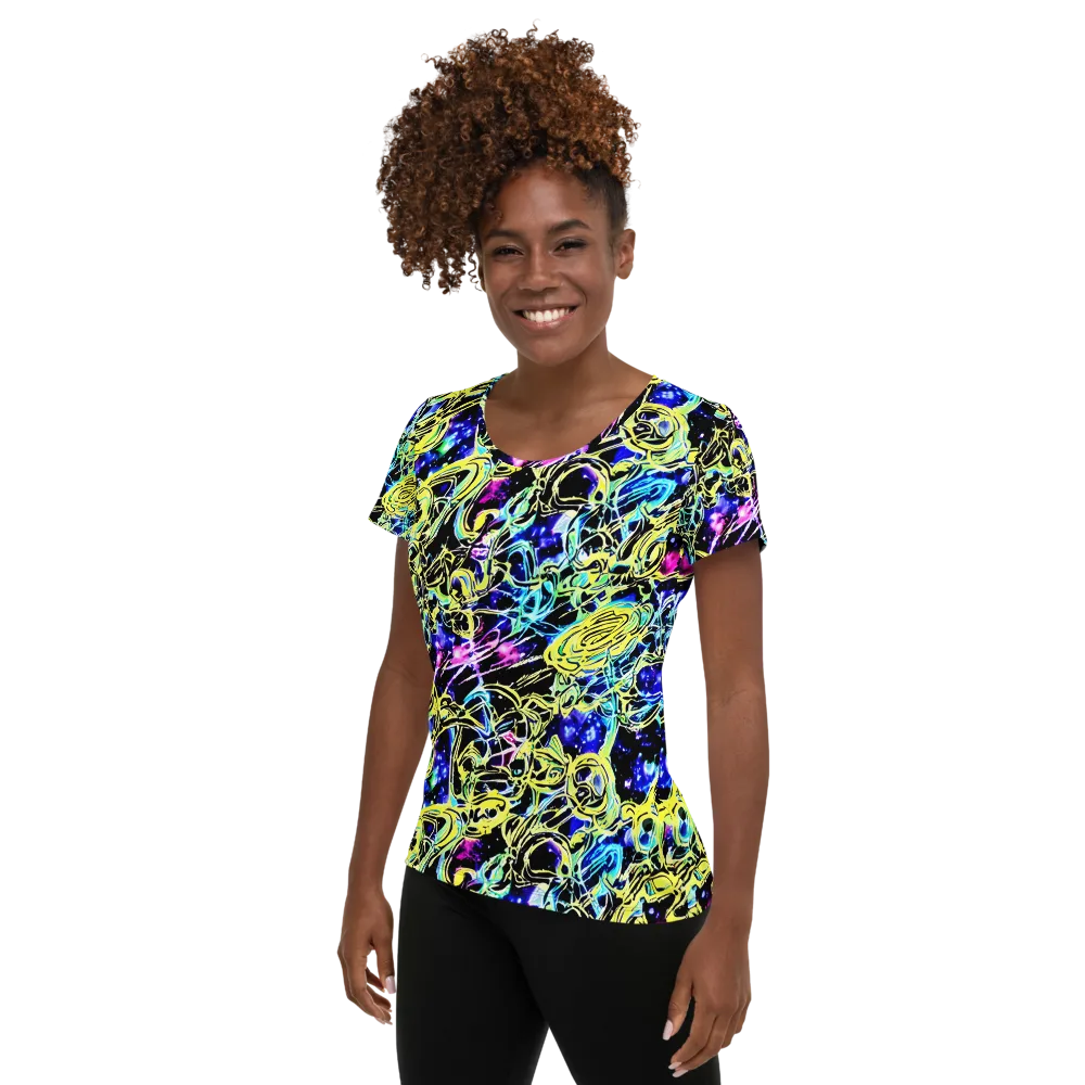 Neon Galaxy Ribbons on Women's Athletic T-Shirt — Left