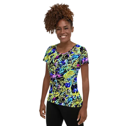 Neon Galaxy Ribbons on a Women's Athletic T-Shirt