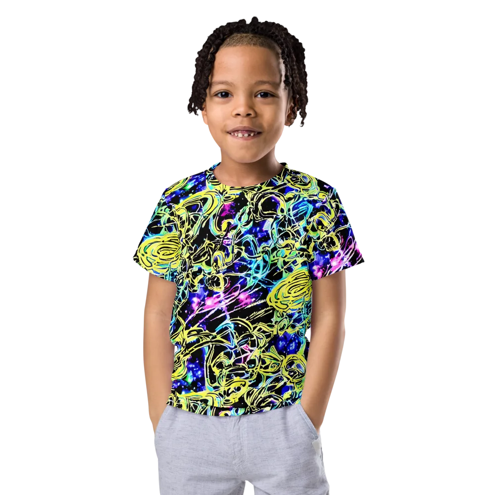Neon Galaxy Ribbons on Kids Crew Neck T-Shirt — Front