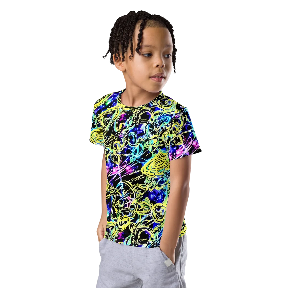 Neon Galaxy Ribbons on Kids Crew Neck T-Shirt — Left Front