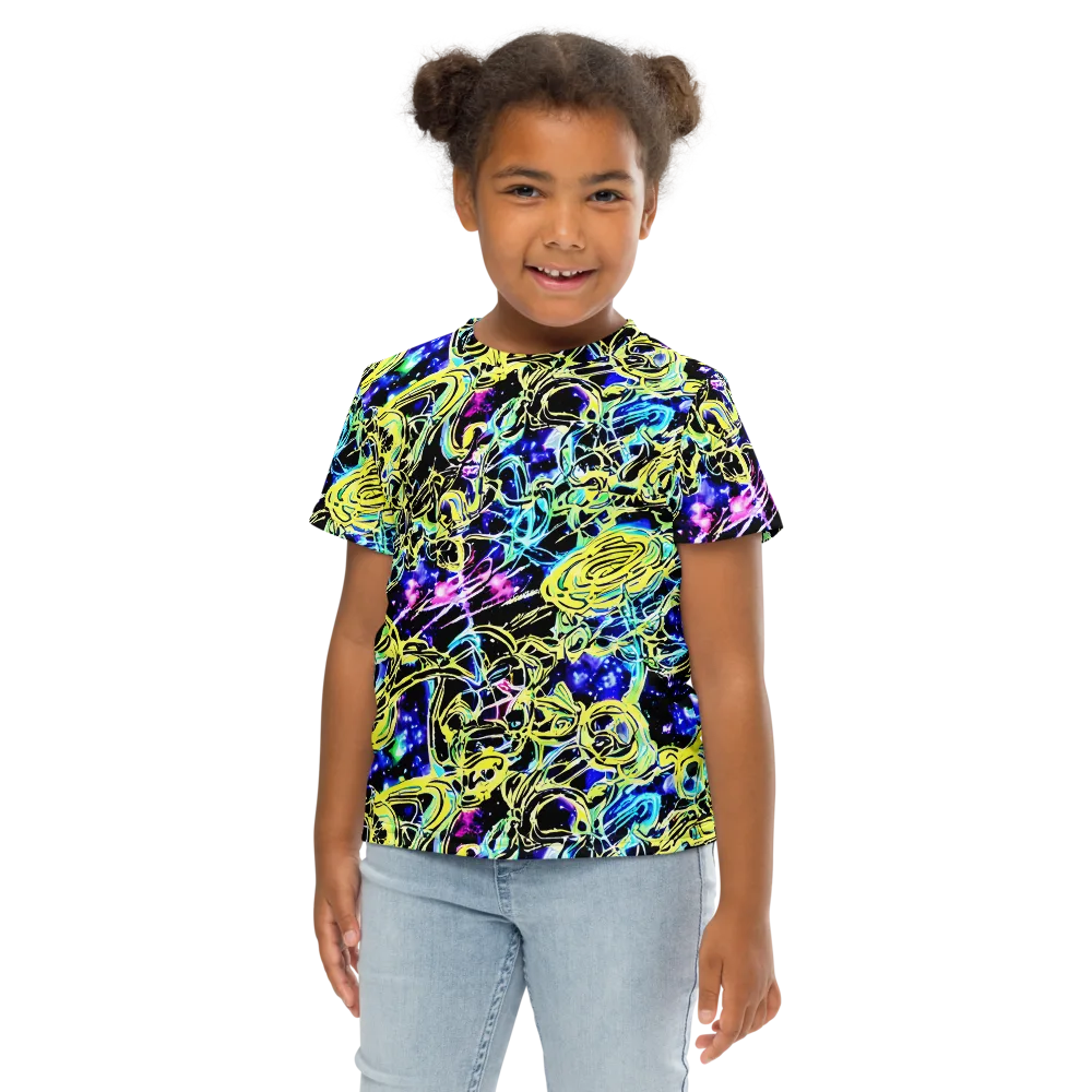 Neon Galaxy Ribbons on Kids Crew Neck T-Shirt — Front