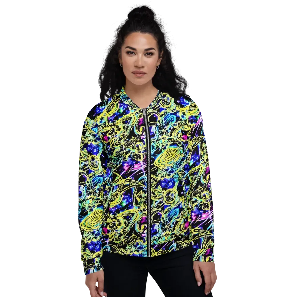 Neon Galaxy Ribbons on Bomber Jacket — Front