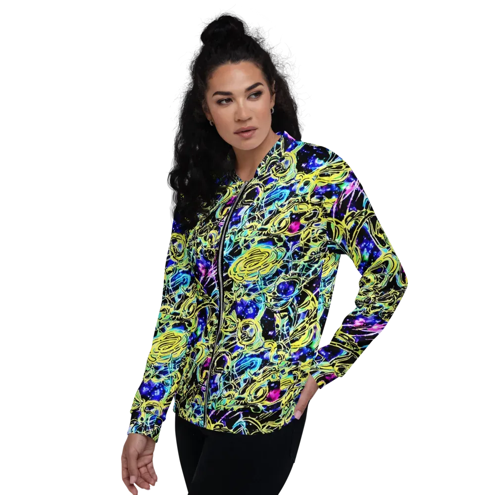 Neon Galaxy Ribbons on Bomber Jacket — Left