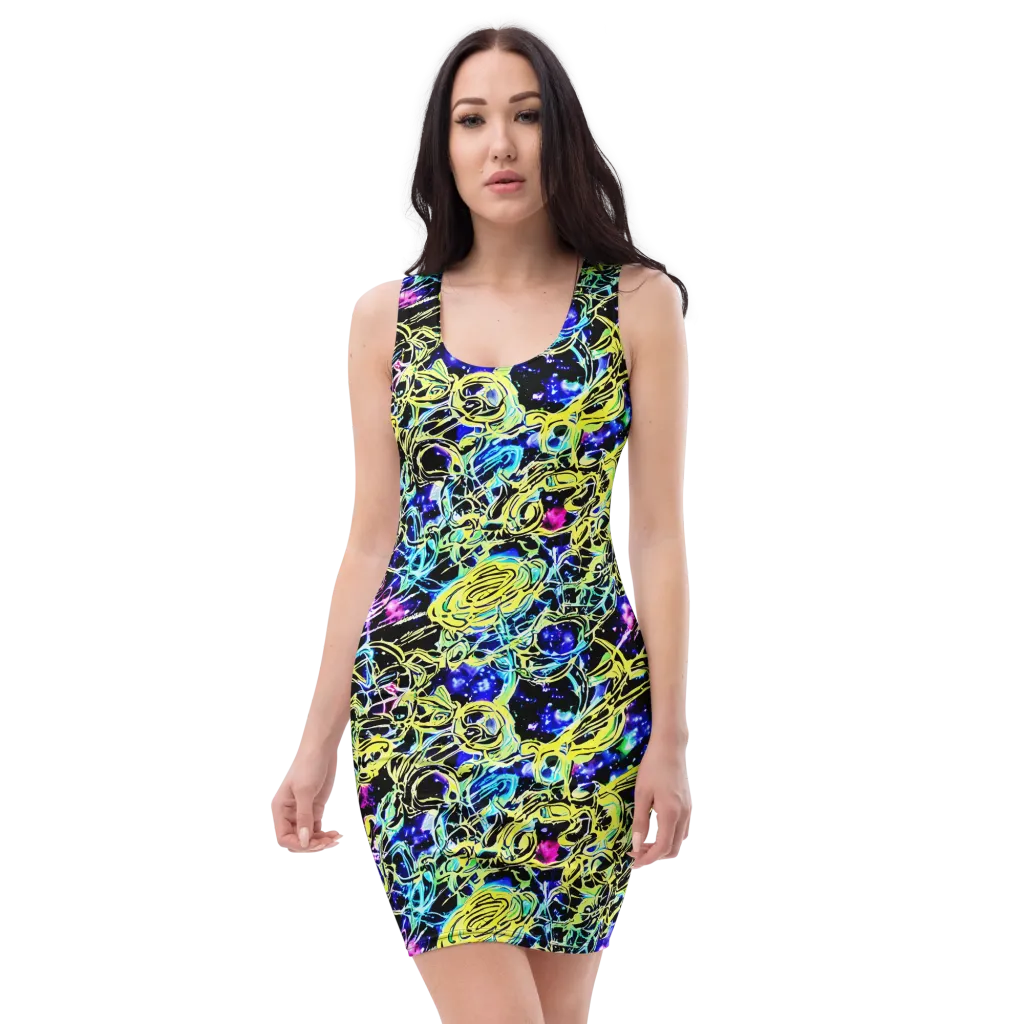 Neon Galaxy Ribbons on Bodycon Dress — Front