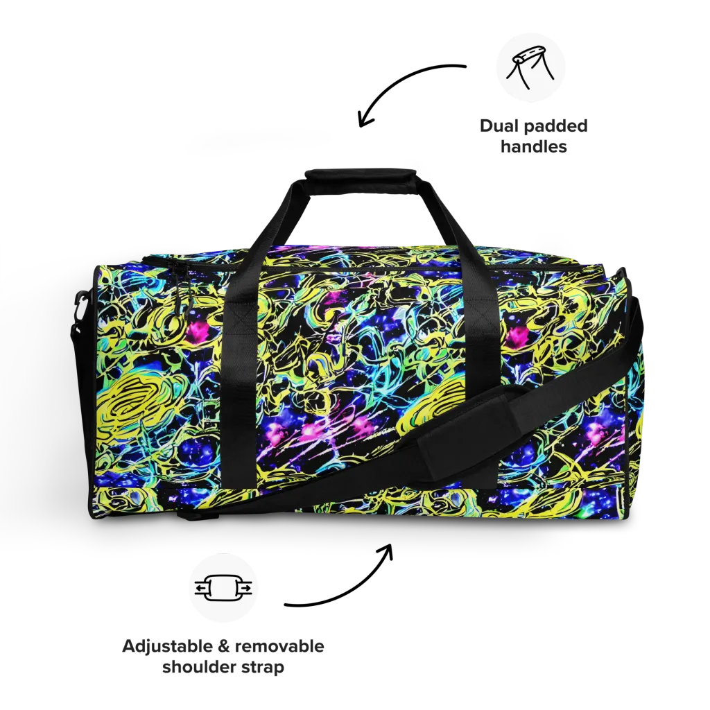 Neon Galaxy Ribbons on Duffle Bag — Front
