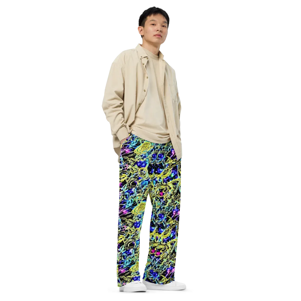 Neon Galaxy Ribbons on Wide-Leg Pants — Right Front