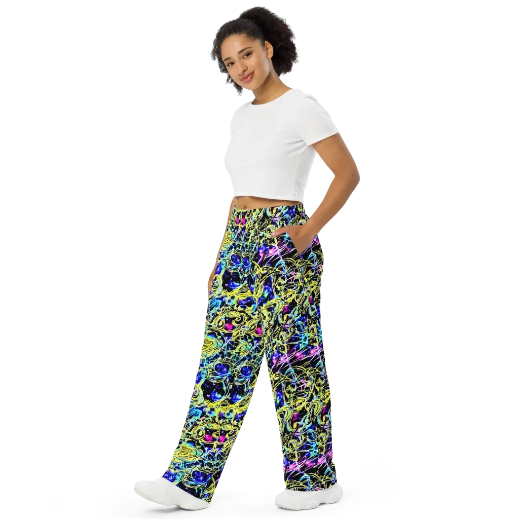 Neon Galaxy Ribbons on Wide-Leg Pants — Left Front