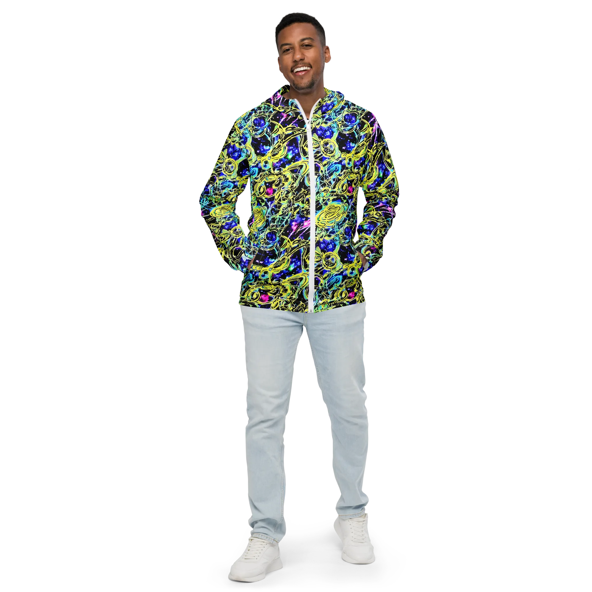 Neon Galaxy Ribbons on Men's Windbreaker — Front