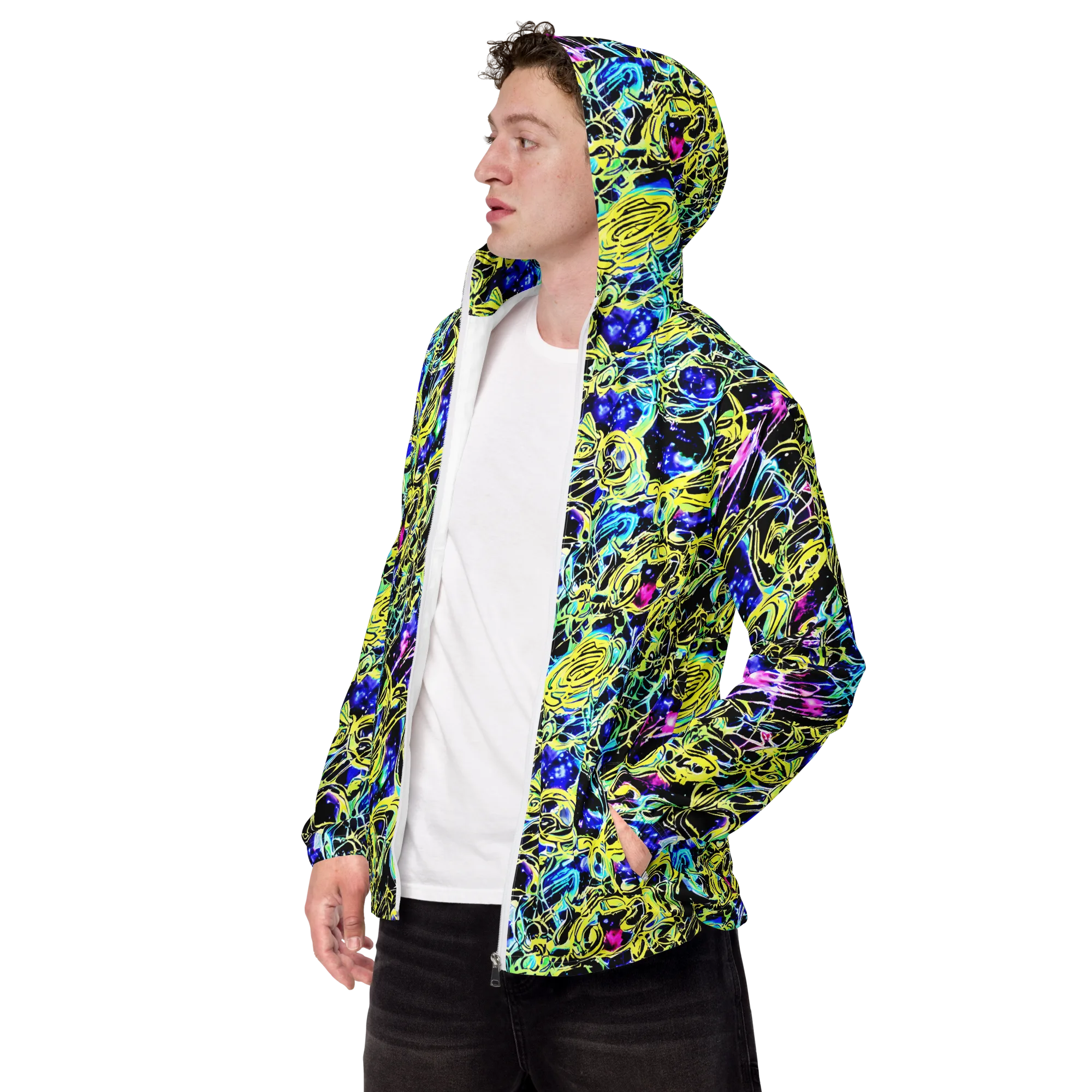 Neon Galaxy Ribbons on Men's Windbreaker — Left Front