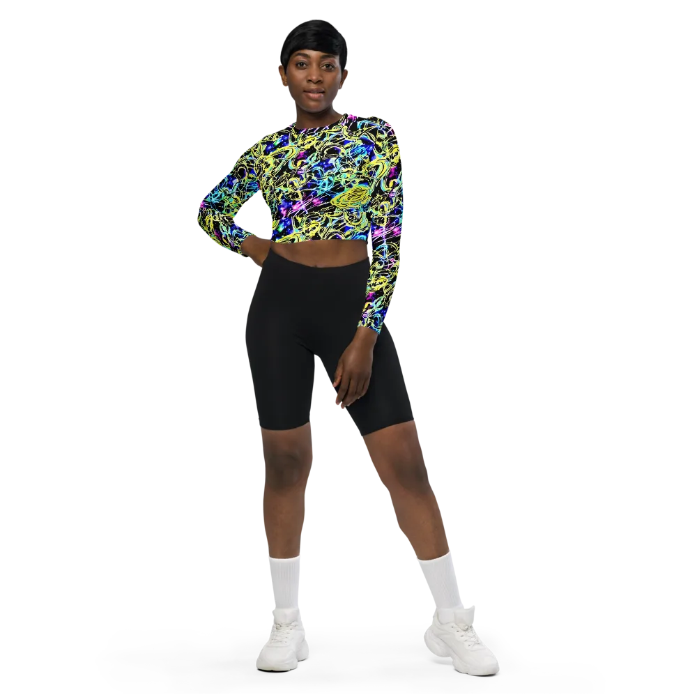 Neon Galaxy Ribbons on Long Sleeve Crop Top — Front
