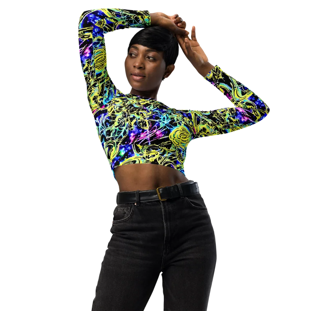 Neon Galaxy Ribbons on Long Sleeve Crop Top — Front