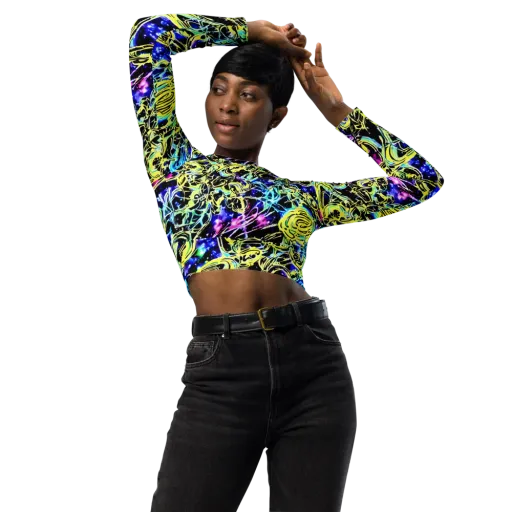 Neon Galaxy Ribbons on a Long Sleeve Crop Top