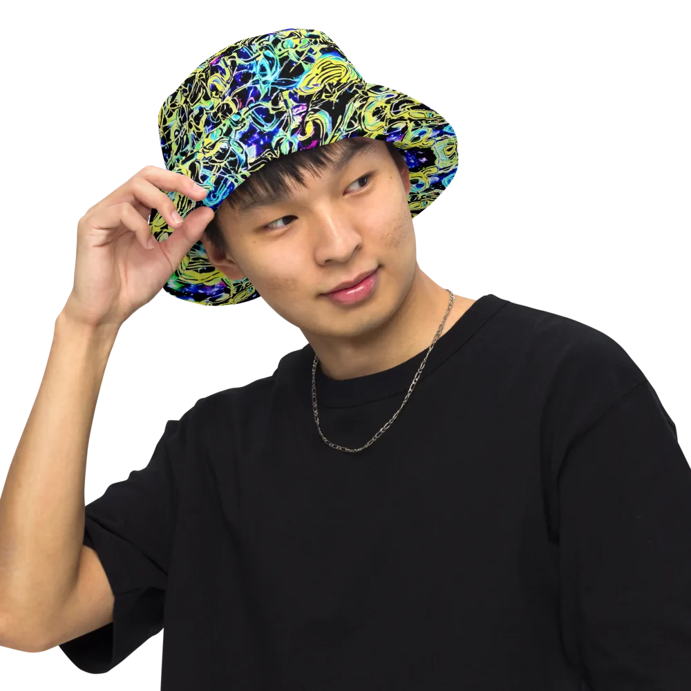 Neon Galaxy Ribbons on Reversible Bucket Hat — Front Inside