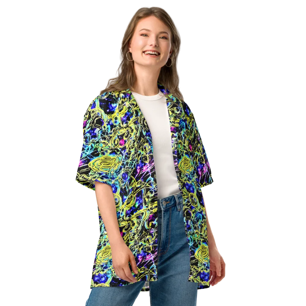 Neon Galaxy Ribbons on Button Shirt — Front