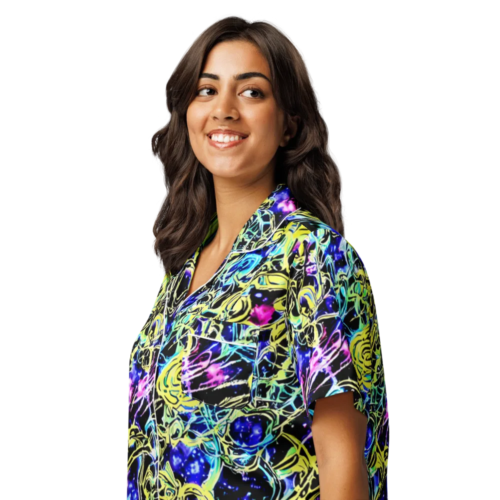 Neon Galaxy Ribbons on Women's Short Sleeve Pajama Top — Left Front
