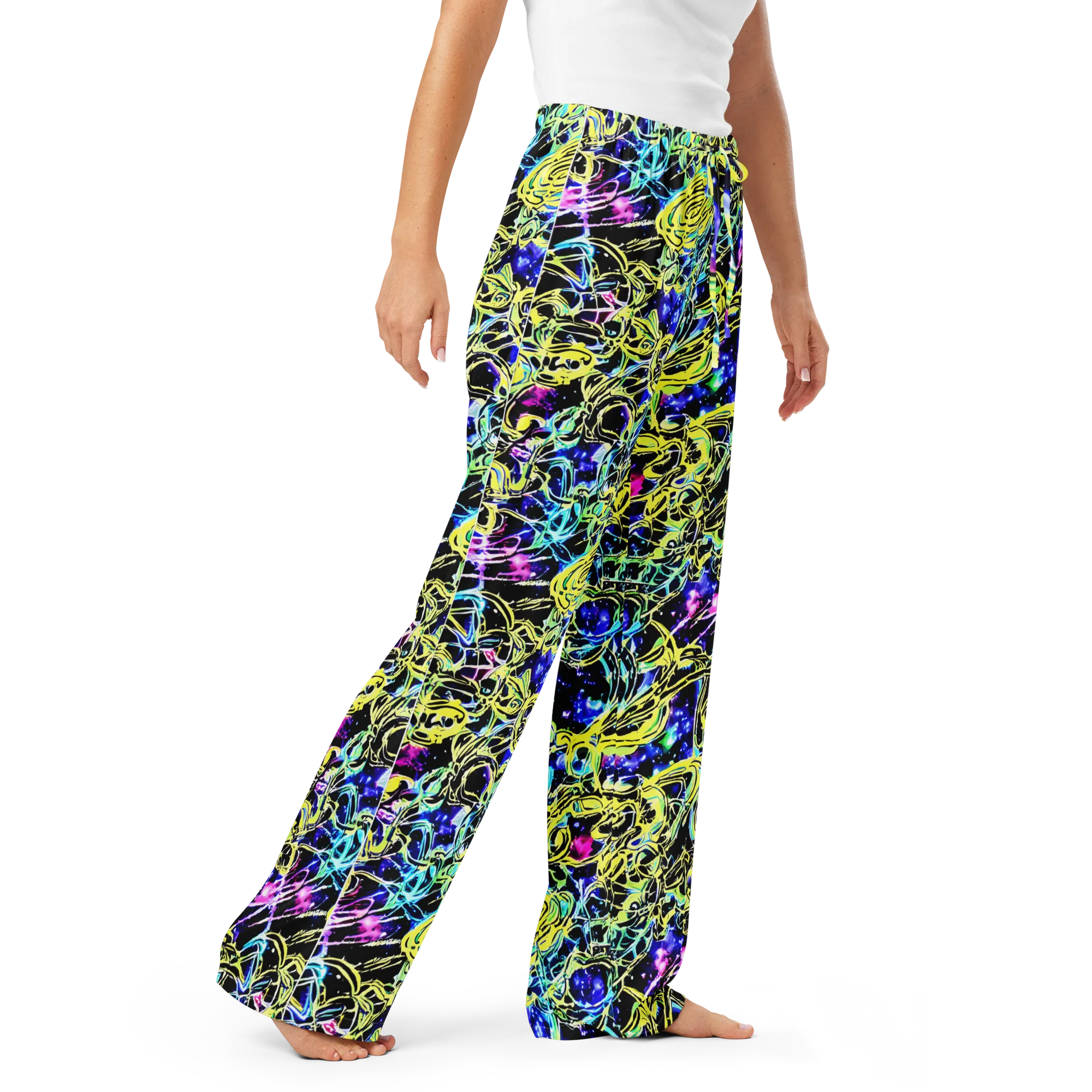 Neon Galaxy Ribbons on Women's Pajama Pants — Right Front