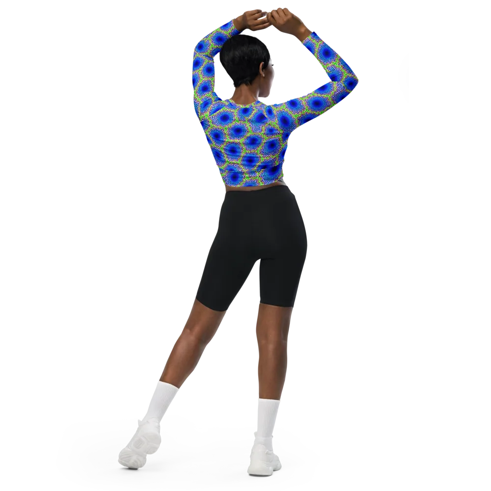 Cobalt Mosaic on Long Sleeve Crop Top — Back