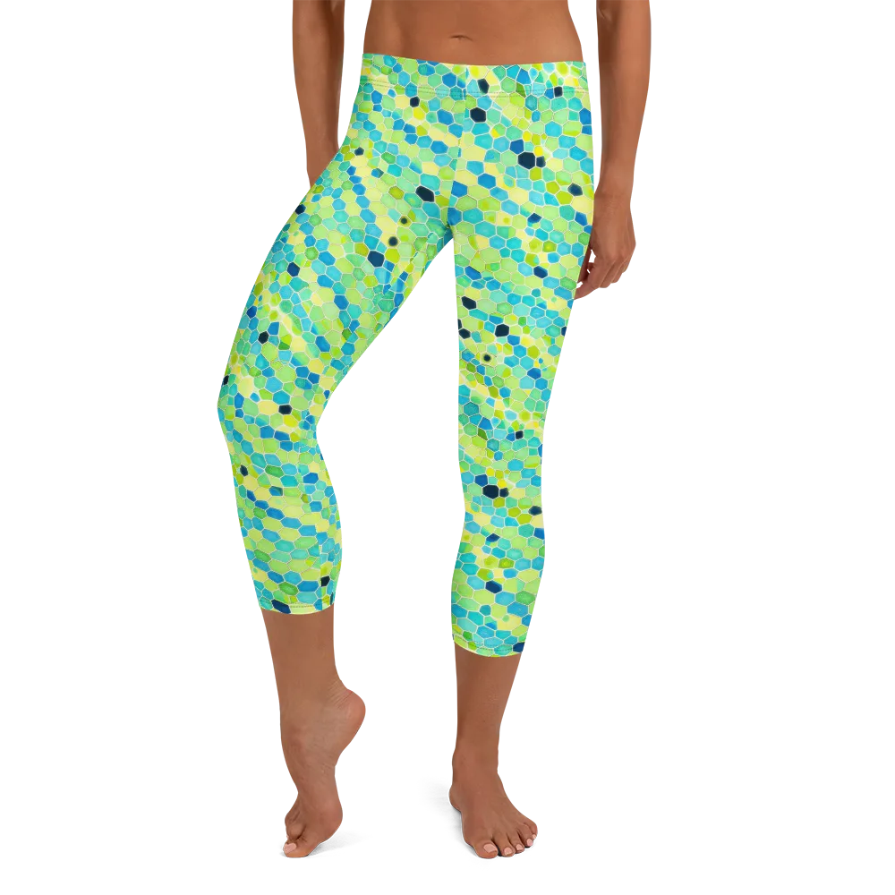 Aqua Mosaic on Capri Leggings — Front